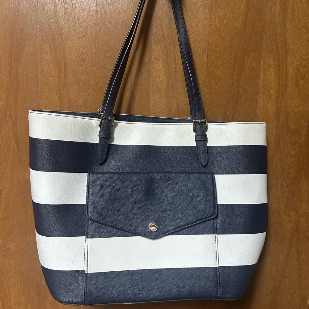 Rehab Michael Kors Jet Set Travel Stripe Navy Blue+White Saffiano Leather Tote